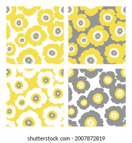 Set of stylish seamless patterns with stylized flowers in yellow and grey colors. Vector floral background with yellow and grey anemone flowers. Floral pattern for fabric, wallpapers and papers.