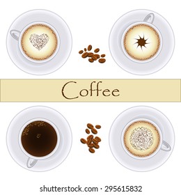 Set of stylish semi-realistic cups with coffee and coffee beans. Cappuccino, espresso, flat white. Great design elements for any web or print project. Can be used as logos, badges, stickers. Vector.