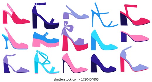 Conjunto de zapatos elegantes de diferentes tipos. Dibujo de vector plano colorido.