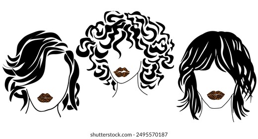 Set of stylish silhouettes of young women with different haircuts and fashionable leopard print on the lips for design