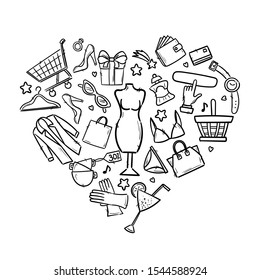 Set of stylish sketch women's accessories. Shopping Vector illustration for a card or poster. Print on clothes. Fashion & Style.