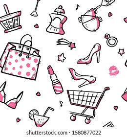 Set of stylish sketch women's accessories. Shopping Vector illustration for a card or poster. Print on clothes. Fashion & Style.