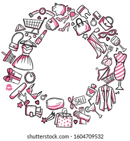 Set of stylish sketch women's accessories. Shopping Vector illustration for a card or poster. Print on clothes. Fashion & Style.