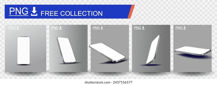 Set of stylish smartphones of new model on a transparent background with a blank screen. Free collection of sleek metal smartphone from different angles. Mockups of modern phones for presentation