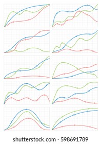 Set of stylish smooth line diagrams and graphs on the background of the grid