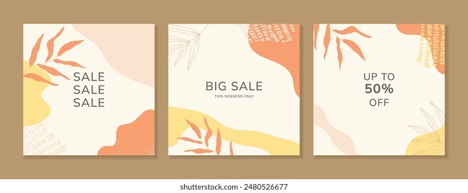 A set of stylish social media post templates, organic design in pastel colours. Vector editable templates.