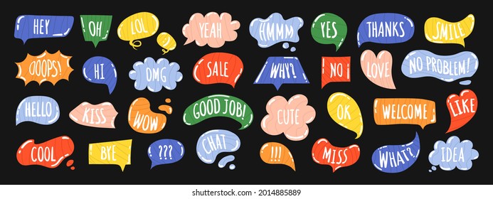 Set of stylish speech bubbles with phrases. Dialog boxes with phrases Hello, Bye, Love, Like, Why, Smile, Hey, Kiss, Sale, Yes, No. Clouds of online chats with different words, comments, drawn by hand