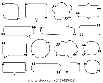 Eine Reihe von stilvollen Sprechblasen mit Anführungszeichen in verschiedenen Formen. Perfekt für Anführungszeichen, Dialoge und Textmarkierungen in Designprojekten. Beinhaltet abgerundete dekorative Designs.