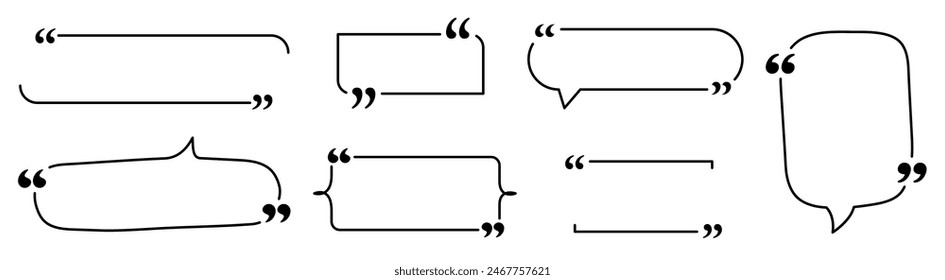 A set of stylish speech bubbles with quotation marks in various shapes. Perfect for quotes, dialogues, and text highlights in design projects. Includes oval, rectangular, and decorative designs.