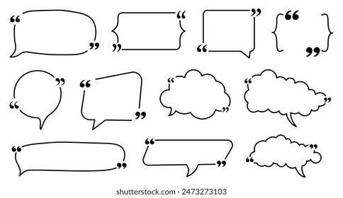 A set of stylish speech bubbles with quotation marks in various shapes. Perfect for quotes, dialogues, and text highlights in design projects. Includes rounded decorative designs.