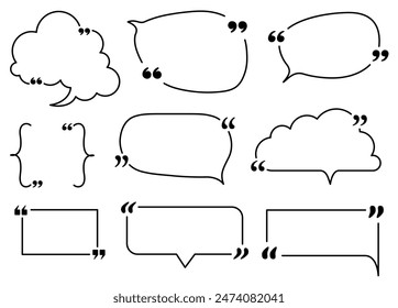 A set of stylish speech bubbles with quotation marks in various shapes. Perfect for quotes, dialogues, and text highlights in design projects. Includes rounded decorative designs.