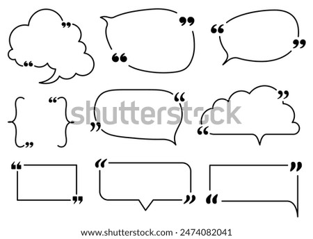 A set of stylish speech bubbles with quotation marks in various shapes. Perfect for quotes, dialogues, and text highlights in design projects. Includes rounded decorative designs.