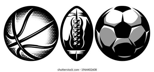 Set of stylish sports balls for soccer, basketball and american football.