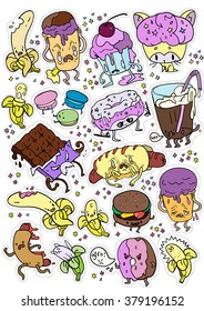 set of stylish stickers. different characters. emotional and cute fast food. ready for print. isolated for you design. living food