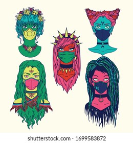 Set of stylish subcultural girls wearing different types medical mask. Coronavirus pandemic concept. Bright colored vector illustration in hand-drawn style isolated on light background. Virus fashion.