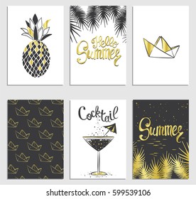 A set of stylish summer cards. Pineapple, cocktail, paper boat and palm branches in vector. Summer inscriptions. Lettering.