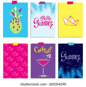 A set of stylish summer cards. Pineapple, cocktail, paper boat and palm branches in vector. Summer inscriptions. Lettering.
