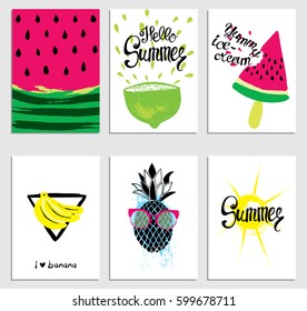 A set of stylish summer cards. Watermelon, ice cream, sun, bananas, lime and pineapple. Vector illustration.
