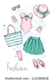 A set of stylish summer clothes and accessories. Skirt, swimsuit, shoes, hat, sunblock, beach bag and sunglasses, perfume and lipstick. Vector illustration, fashion and style. Vintage and retro.