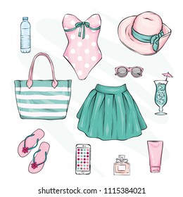 A set of stylish summer clothes and accessories. Skirt, swimsuit, shoes, hat, sunblock, beach bag and sunglasses, perfume and lipstick. Vector illustration, fashion and style. Vintage and retro.