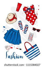 A set of stylish summer clothes and accessories. Skirt, swimsuit, shoes, hat, sunblock, beach bag and sunglasses, perfume and lipstick. Vector illustration, fashion and style. Vintage and retro.