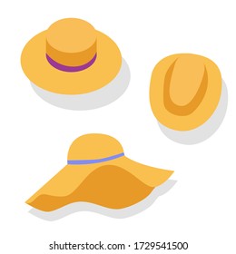 Set of stylish summer hats, classic and vintage. Stock vector cartoon illustration isolated on white background. Creative image for your website, advertisement, banner, gift card.