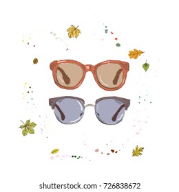 Set of stylish sunglasses. Accessories on the background of autumn leaves and drops of watercolor. Hand drawn vector illustration on a white background.
