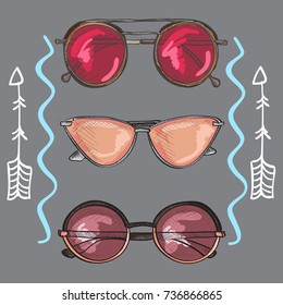 Set of stylish sunglasses with arrows and lines