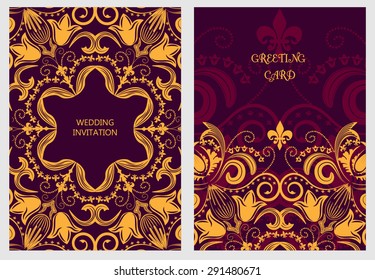 Set of stylish template for design invitations and greeting cards. Flower elegant pattern mandala in Damascus style. Vector illustration.