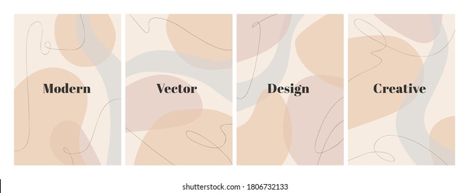 Set Of Stylish Templates With Organic Abstract Shapes And Line In Nude Colors. Pastel Background In Minimalist Style. Contemporary Vector Illustration