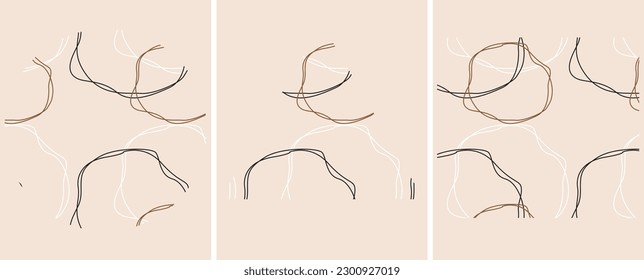 Set of stylish templates with organic abstract shapes and lines in nude colors pastel background in minimalist style contemporary vector illustration.