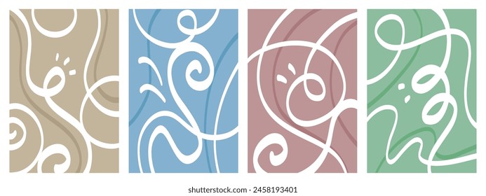 Set of stylish templates with organic abstract shapes and lines in nude colors. Pastel background in minimalist style. Contemporary vector Illustration