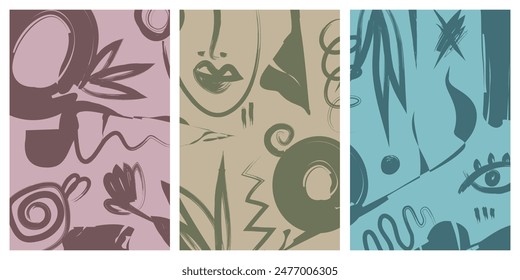 Set of stylish templates with organic abstract shapes and lines in nude colors. Pastel background in minimalist style. Contemporary vector Illustration