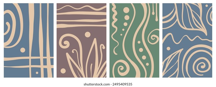Conjunto de elegantes Plantillas con Formas orgánicas abstractas y líneas en colores nude. Fondo pastel en estilo minimalista. Ilustración vectorial contemporánea