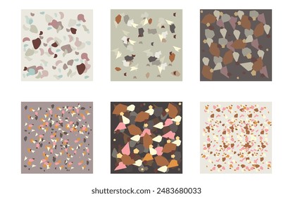 Set aus stilvollen Terrazzo-Keramikfliesen im Cartoon-Stil. Vektorillustration von Terrazzo mit heller und dunkler Basis und Farbspritzer unterschiedlicher Größe isoliert auf weißem Hintergrund. Innenelement.