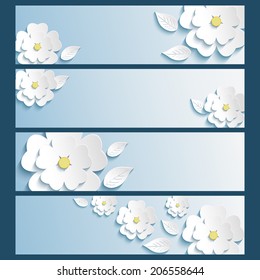 Set of stylish trendy banners with 3d blossoming flowers sakura white and leaves isolated over blue. Beautiful modern wallpaper. Vector illustration