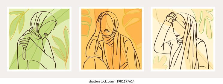 Set of Stylish and Trendy Hijab Woman Hand-Drawn. Modern Arabian Woman with Abstract Leaves Background perfect for Social Media Template and Wallpaper