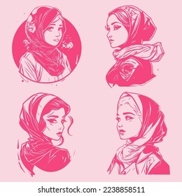 Set of stylish and trendy hijab woman hand-drawn, anime style. Modern abstract faces fashion hijab girl