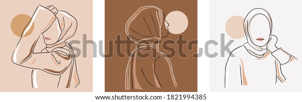 Set of stylish and trendy hijab woman hand-drawn. Modern\
abstract faces fashion hijab girl perfect for social media template\
and wallpaper. 