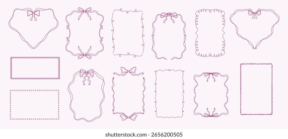 Conjunto de bordas vetoriais elegantes com arcos decorativos e linhas fluindo na cor magenta. Estas molduras elegantes oferecem um toque feminino para cartões de felicitações, papelaria de noivas, chuveiros de bebê e desi de férias