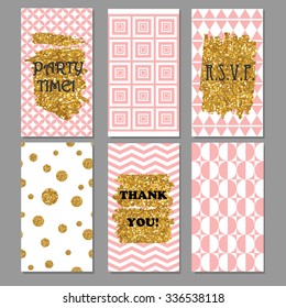 Set of stylish vector card templates with golden glitter texture. Perfect for Save The Date, baby shower, mothers, valentines day, birthday, invitations, thank you . 
