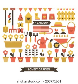 Set of stylish vector icons of gardening tools, plants and items. Cute flat gardening icons in scandinavian style. Flowers, shovels, pots, butterflies and other items.