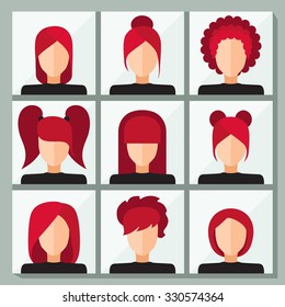 Set of stylish vector icons for infographics. Woman's face. Set of stylish women's hairstyles. Flat icons. Short haircut, bangs, hair tails from elastic bands, office styling, voluminous hair.