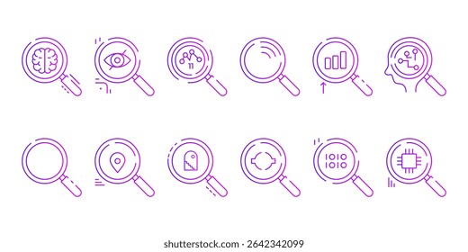 A set of stylish vector icons in purple-pink tones: magnifying glass with AI, binary code, data, geolocation, and microchip elements. Great for UI, presentations, and modern apps. 

