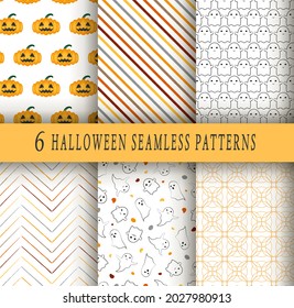 Set of stylish vector illustrations on the theme of Halloween. Ghosts, spiders, pumpkins, lollipops and colored lines on a white background. For postcards, wrapping paper, wallpaper, bags, web page