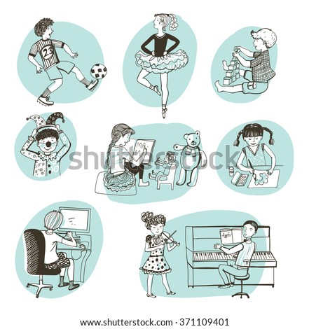 Set of stylish vector illustrations. Sketches of children.Play, creativity, art and life. Children try different professions. Education and development. Images suitable for design as logo or emblem.