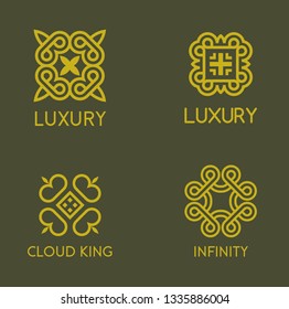 Set of stylish vector logos for luxury products. Minimalistic icons, laconic signs for organic products and goods.. Harmonious olive colors with concise forms.