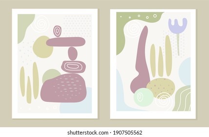 Set of stylish vector templates in pastel colors. Posters with natural abstract shapes. The concept of balance, harmony and ecology. T-shirt print, postcard, invitation, packaging and branding design.