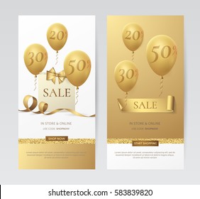 Set of stylish vertical banners with paper shopping bag, golden bow, ribbons and balloons. Vector templates for holiday discounts offered on the website with gold and white background