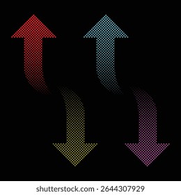 A set of stylish vibrant halftone arrows in various shapes and colours on a black background. Perfect for infographics, presentation, web elements and designs project directional graphics.